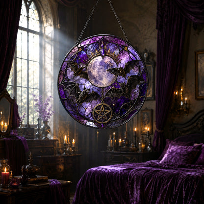 Gothic Bat Moon Pentacle Glass Suncatcher - sunlight glow