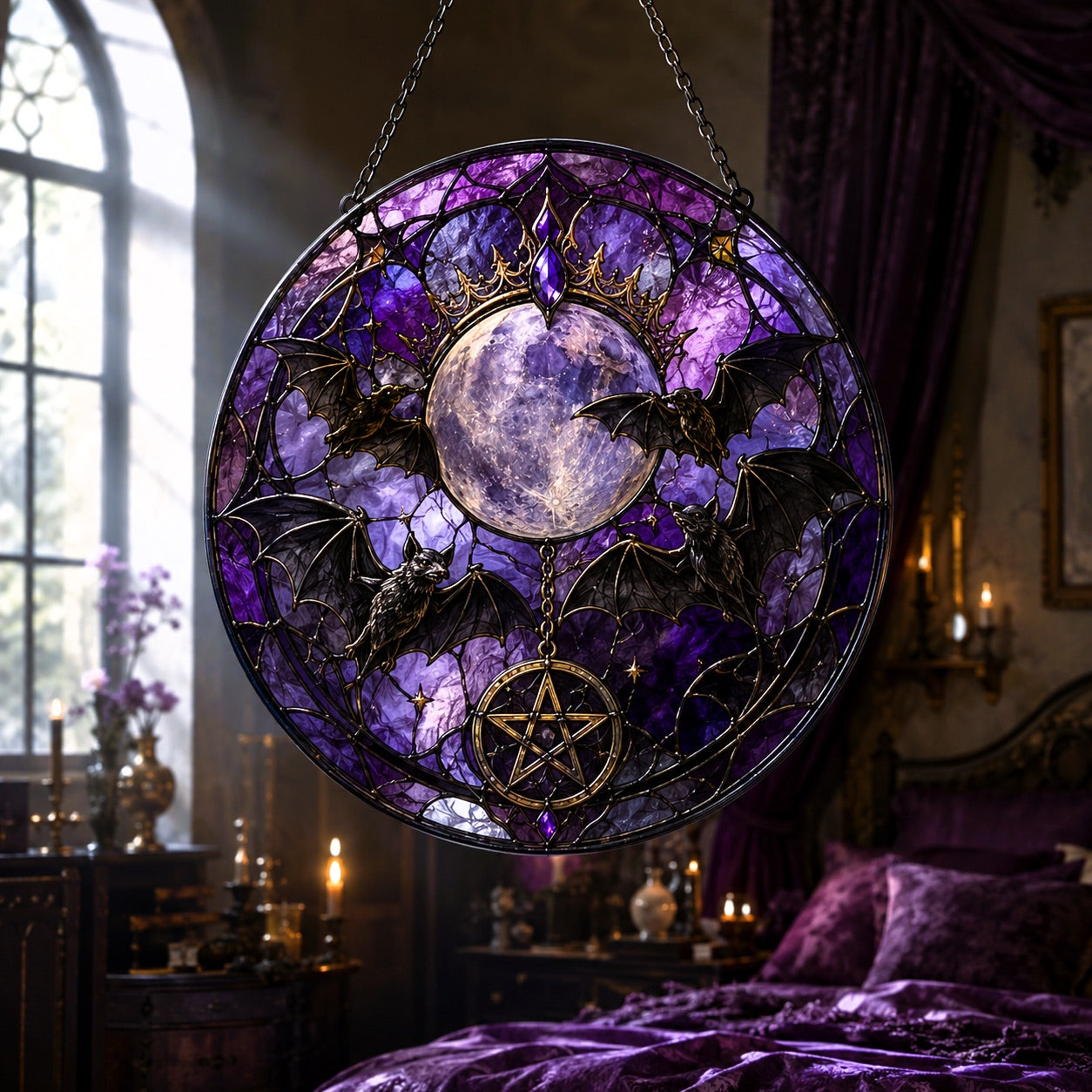 Gothic Bat Moon Pentacle Glass Suncatcher - window display