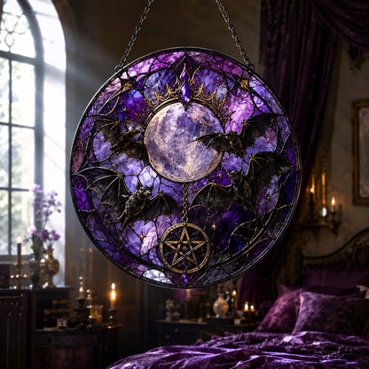 Gothic Bat Moon Pentacle Glass Suncatcher - window display