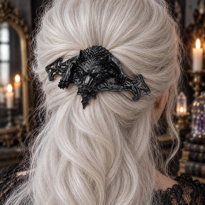 Black Wolf Hairpin in White Hair worn by a witch in a candlelit mystical room