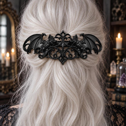 Gothic bat hairpin in white hair worn by a witch in a candlelit mystical room