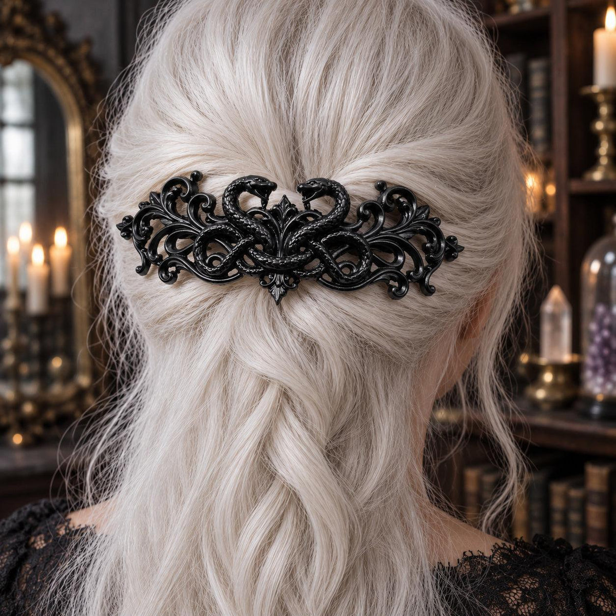 Black Serpent Hairpin in White Hair worn by a witch in a candlelit mystical room