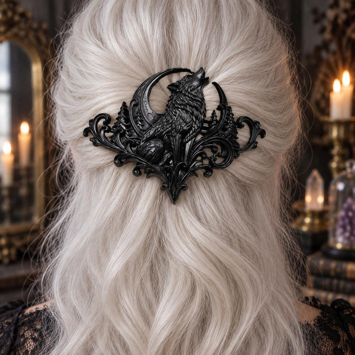 Howling Wolf Crescent Hairpin in White Hair worn by a witch in a candlelit mystical room