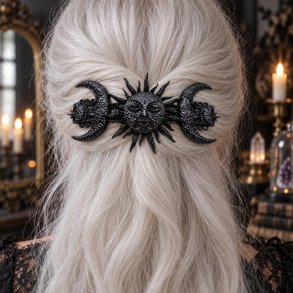 Black celestial barrette in white hair worn by a witch in a candlelit mystical room