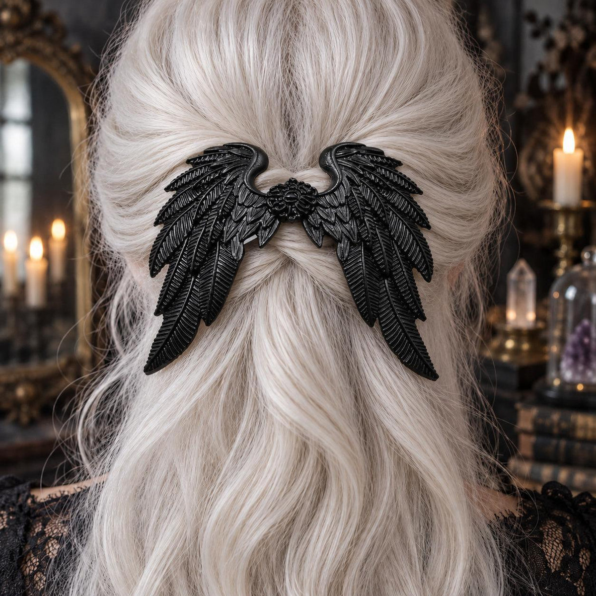 Black feathered wing hairpin close-up worn by a witch in a candlelit mystical room
