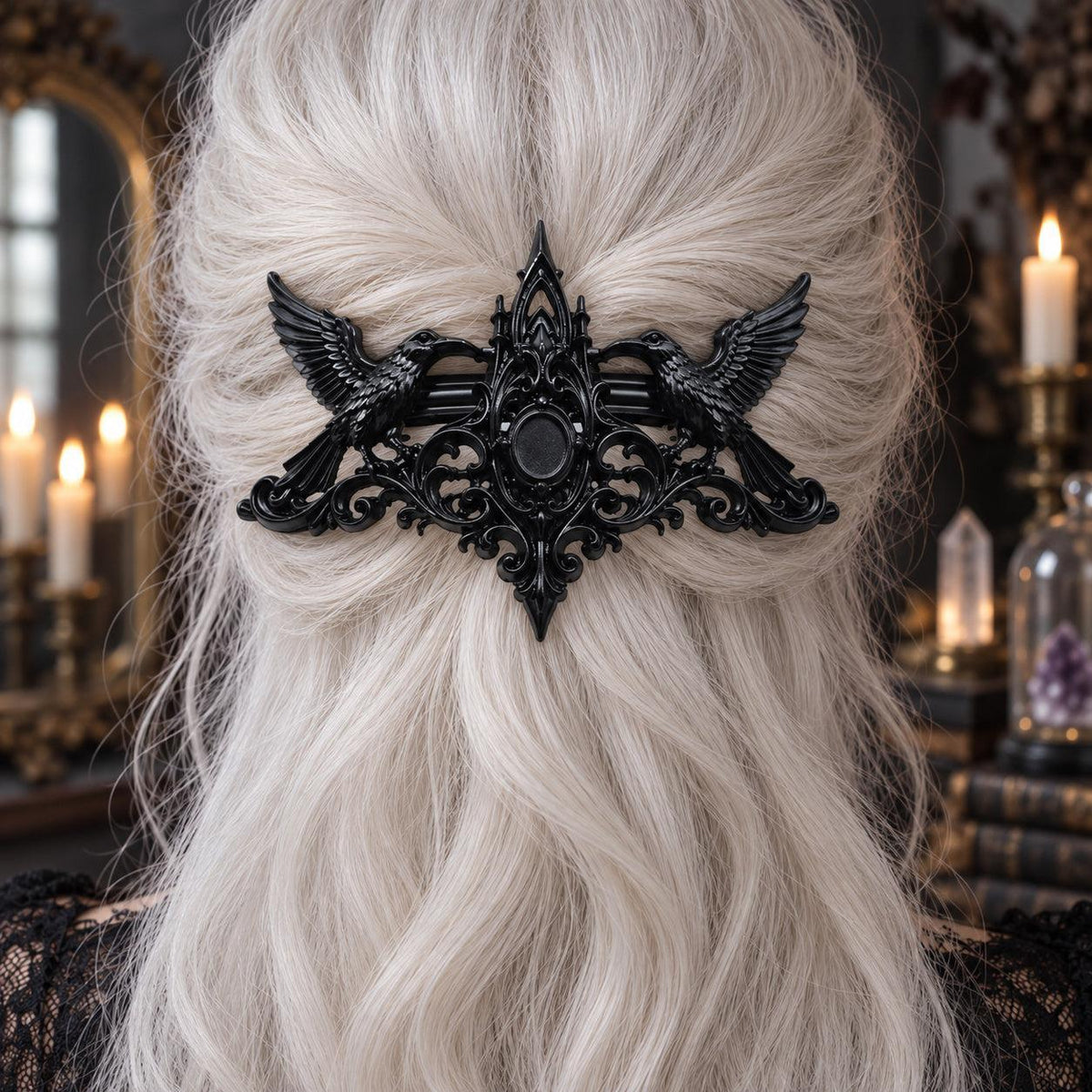 Gothic Raven Barrette in White Hair worn by a witch in a candlelit mystical room