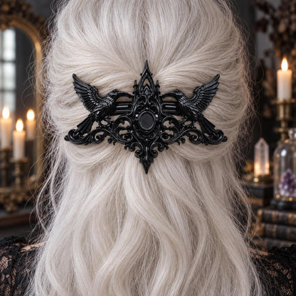 Gothic Raven Barrette in White Hair worn by a witch in a candlelit mystical room