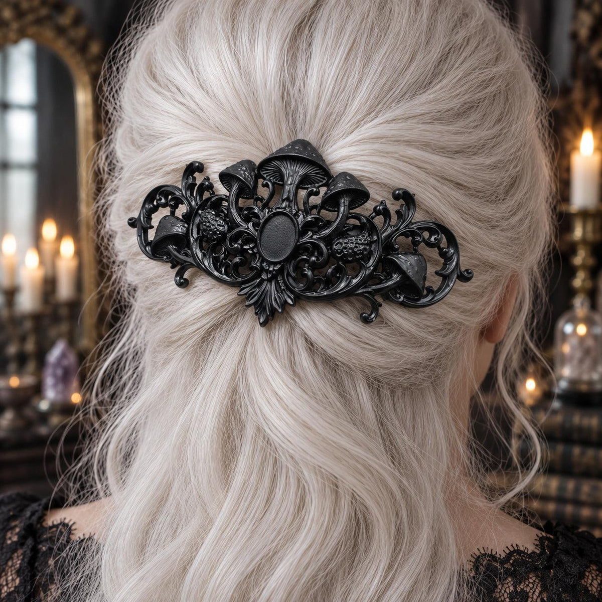Woodland mushroom barrette in white hair worn by a witch in a candlelit mystical room
