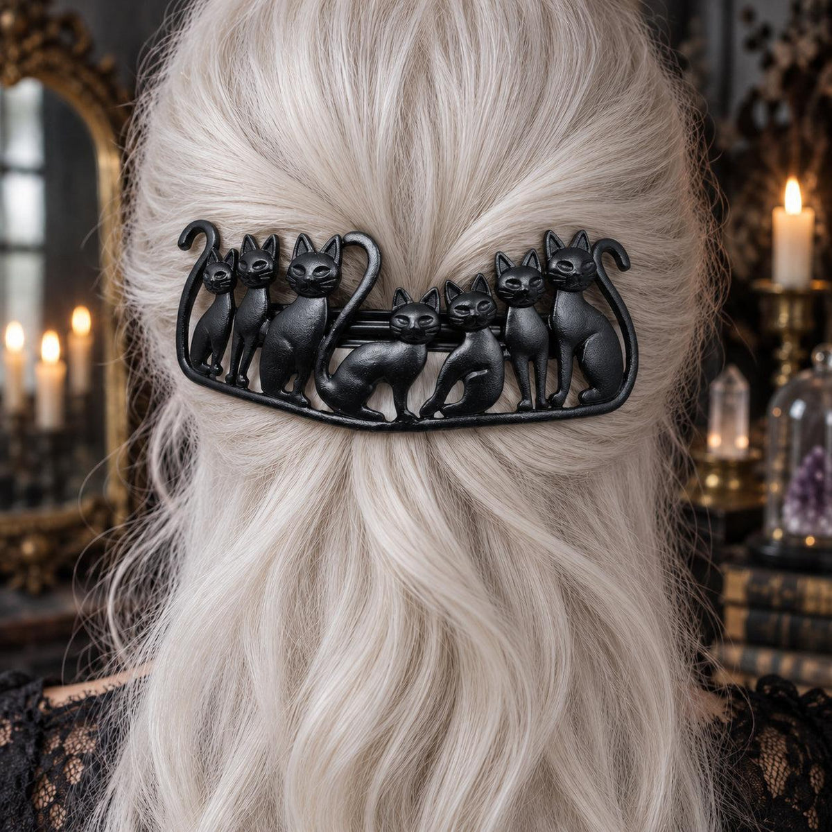 Seven-Cat Barrette in White Hair worn by a witch in a candlelit mystical room