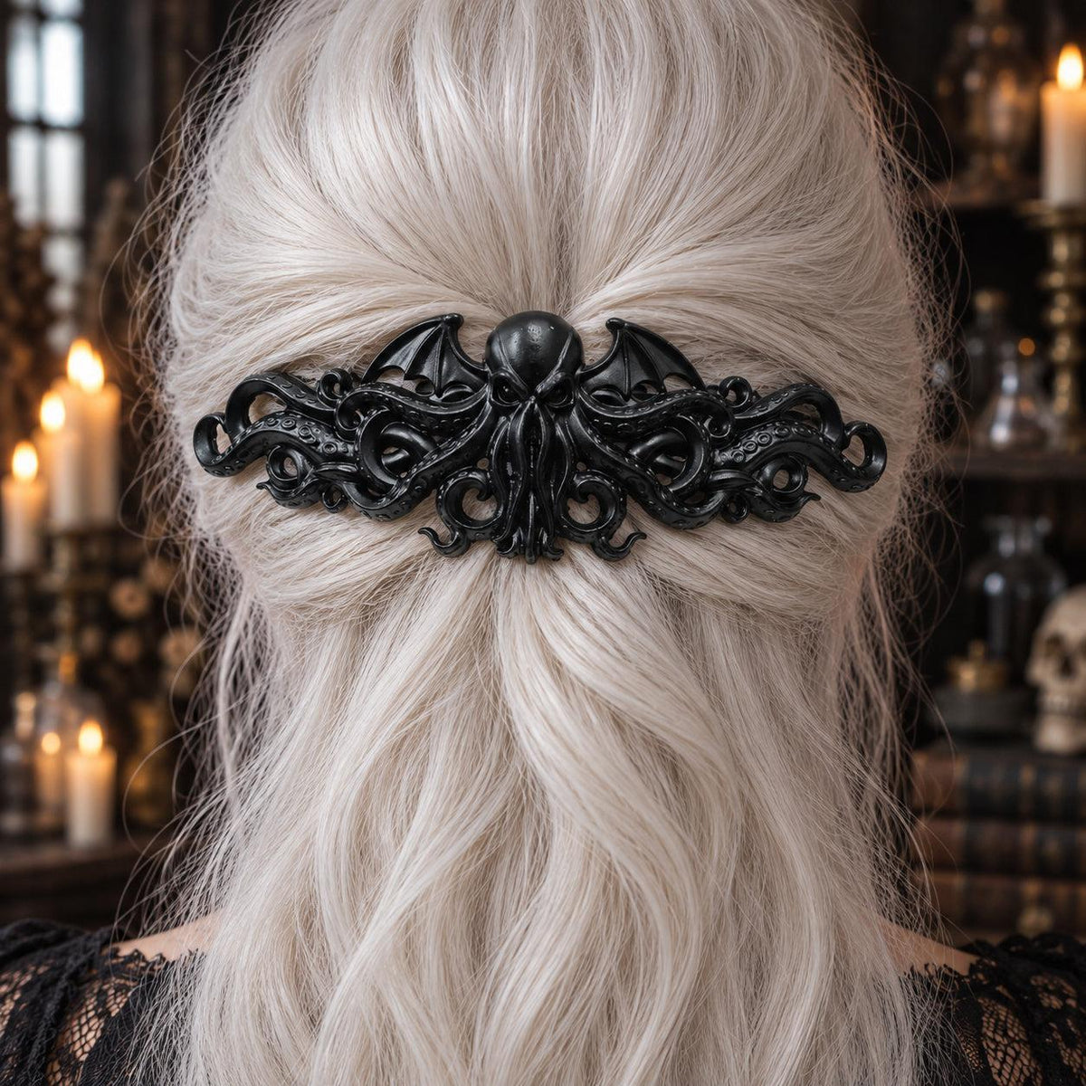 Winged Octopus Barrette in White Hair worn by a witch in a candlelit mystical room