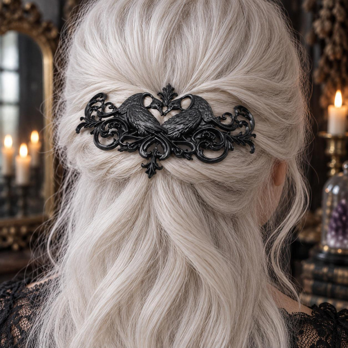 Ornate Raven Barrette in White Hair worn by a witch in a candlelit mystical room