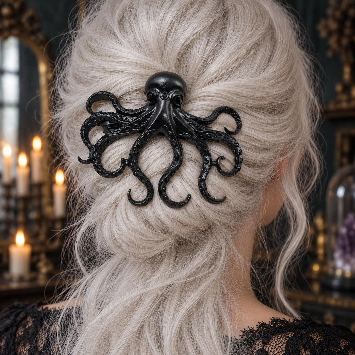Octopus Hair Clip in White Hair worn by a witch in a candlelit mystical room