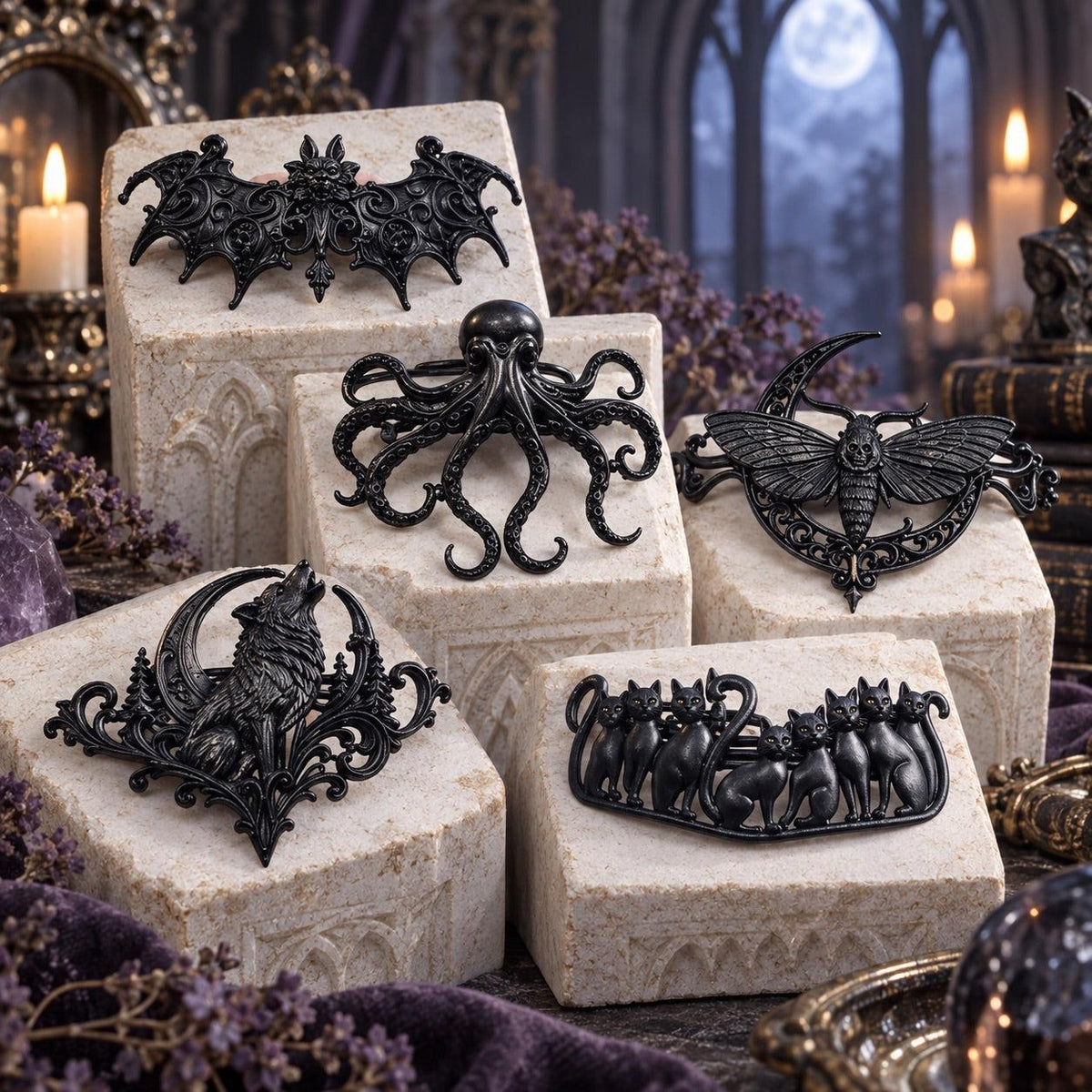 Gothic Bat, Moth & Octopus Hairpin for Halloween Parties-MoonChildWorld