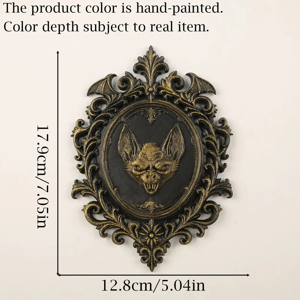Accented plaque measurement diagram: Gothic Bat Relief Wall Plaque, featuring a central bat relief, an oval medallion and elaborate Victorian scrollwork.