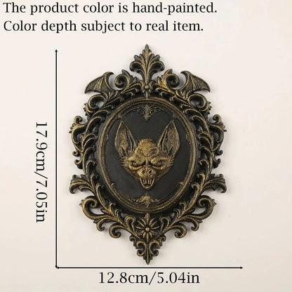 Accented plaque measurement diagram: Gothic Bat Relief Wall Plaque, featuring a central bat relief, an oval medallion and elaborate Victorian scrollwork.