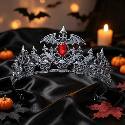 Faceted crystal accents set along the bat skull headband