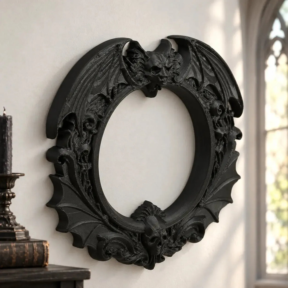 Dark bat skull wall frame front view with open circular center