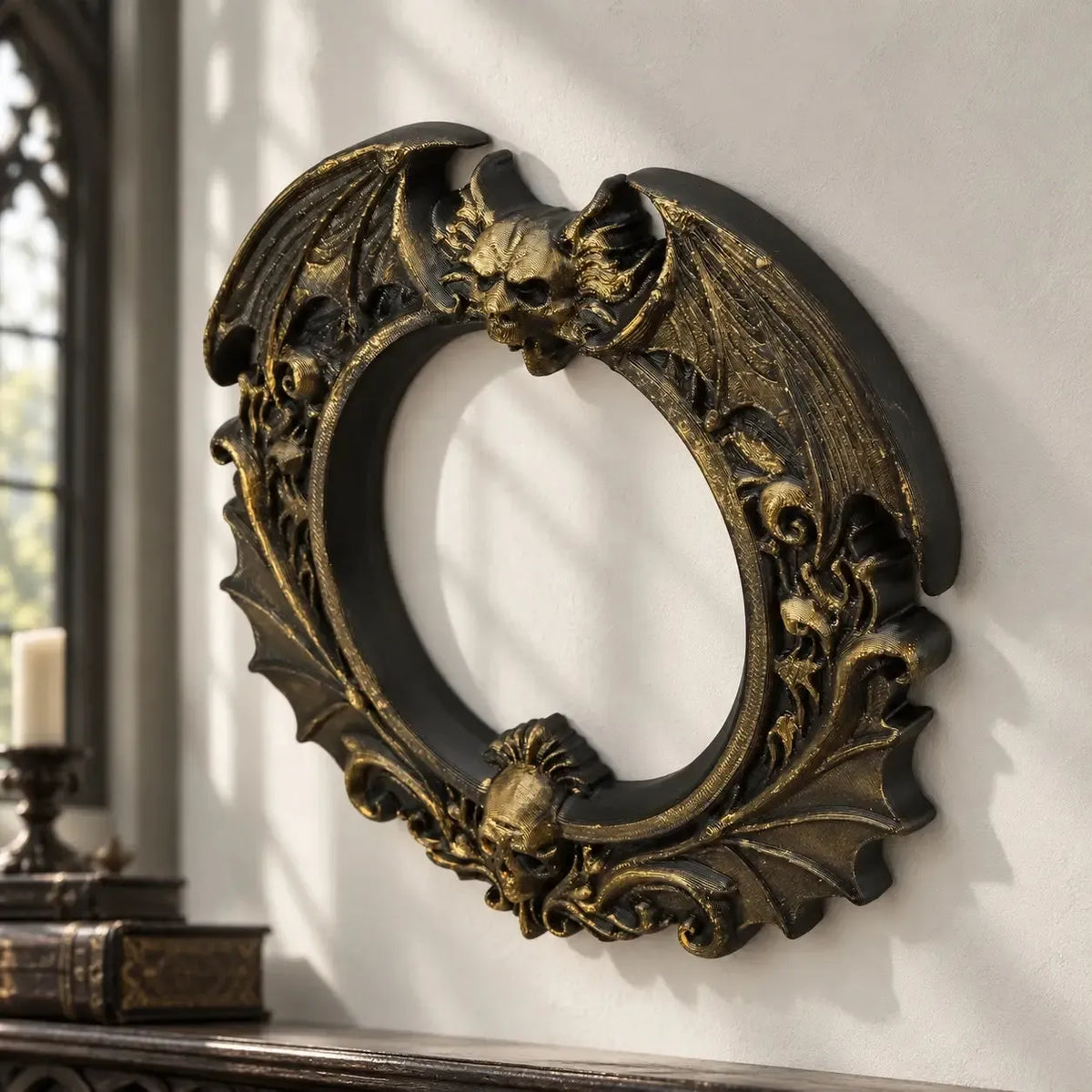 Gold-accented bat skull wall frame angled view