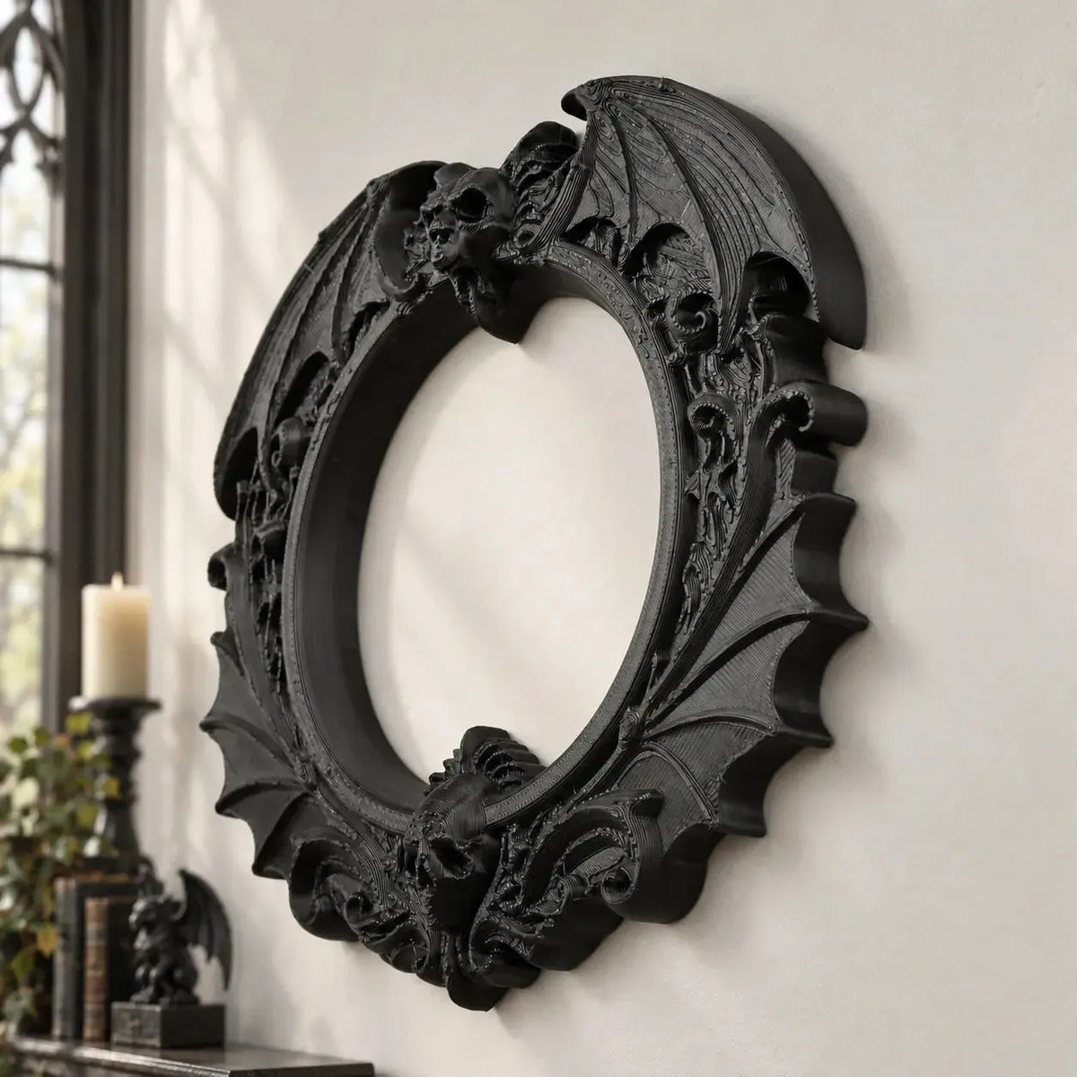 Dark bat skull wall frame angled view showing raised wing details