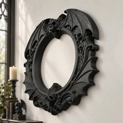 Dark bat skull wall frame angled view showing raised wing details