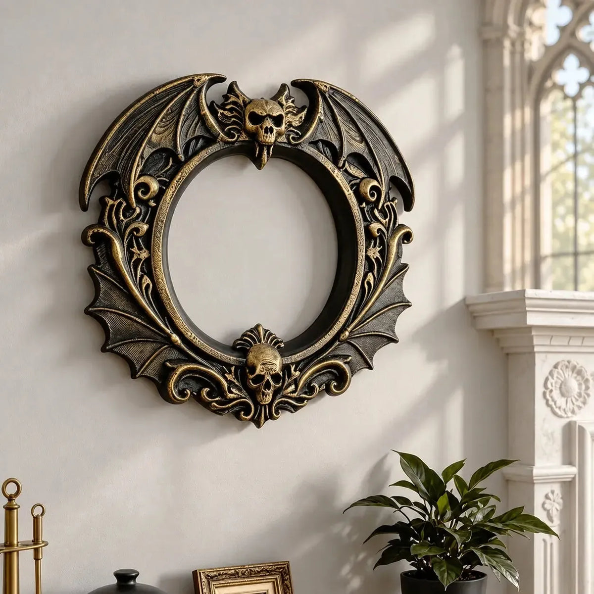 Gold-accented bat skull wall frame angled view