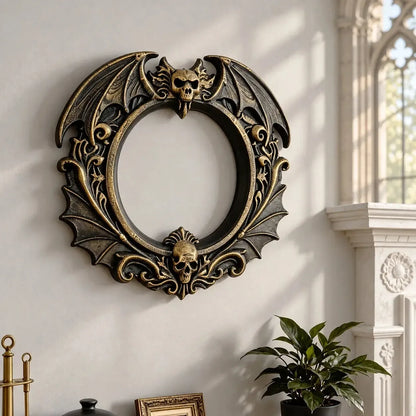 Gold-accented bat skull wall frame angled view