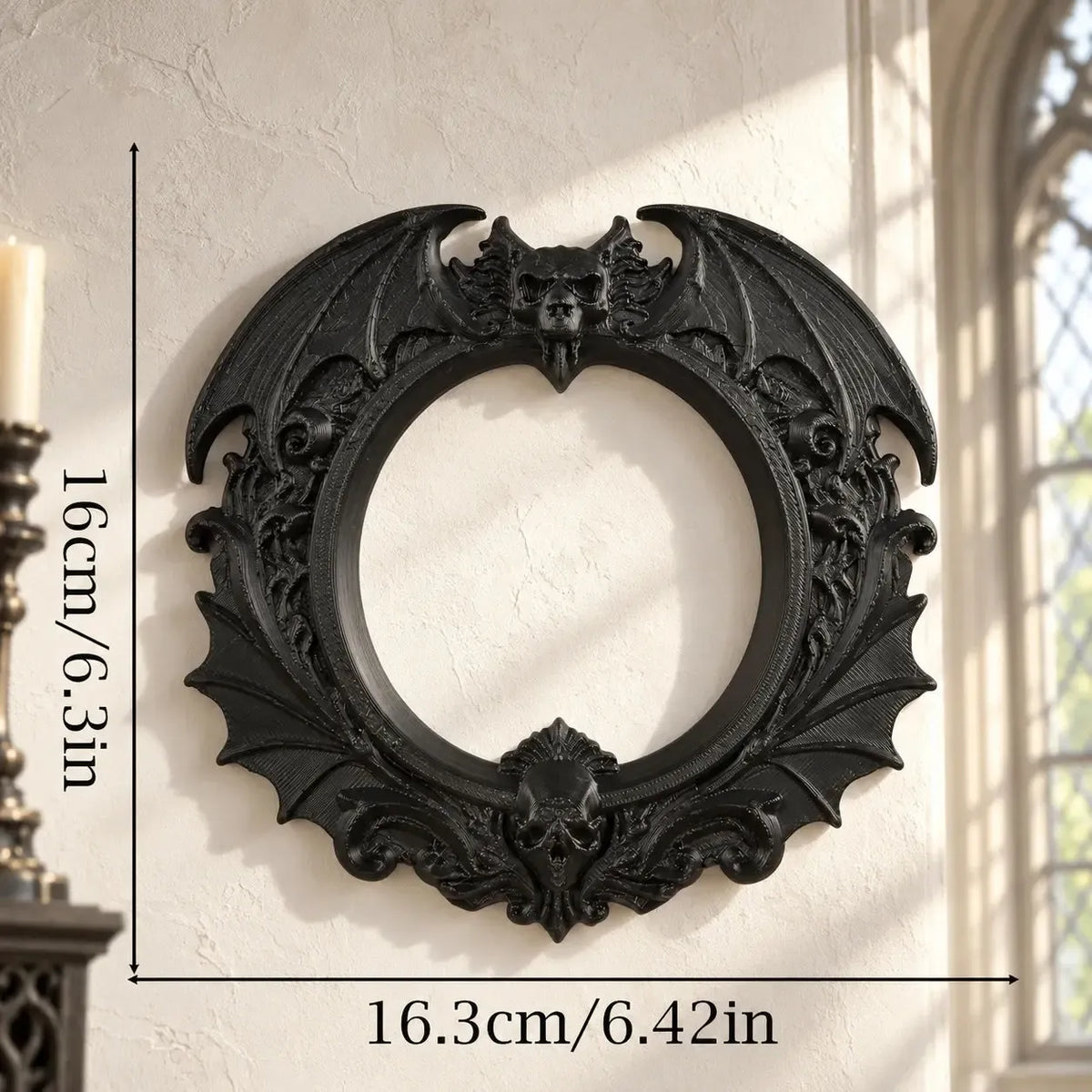 Bat skull wall frame dimension diagram, 16.3 cm wide and 16 cm high