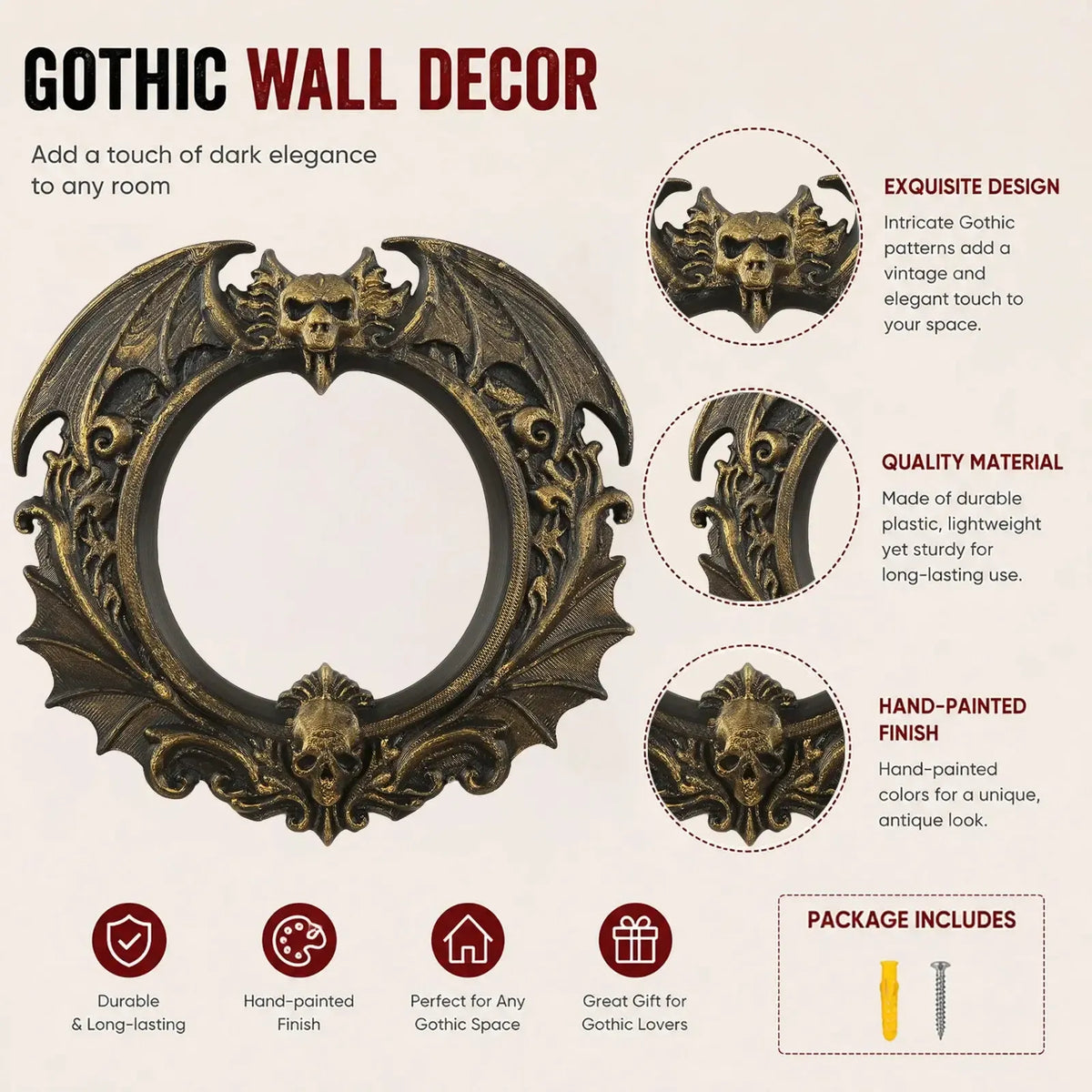 Bat skull wall ornament infographic showing sculptural wings and material details