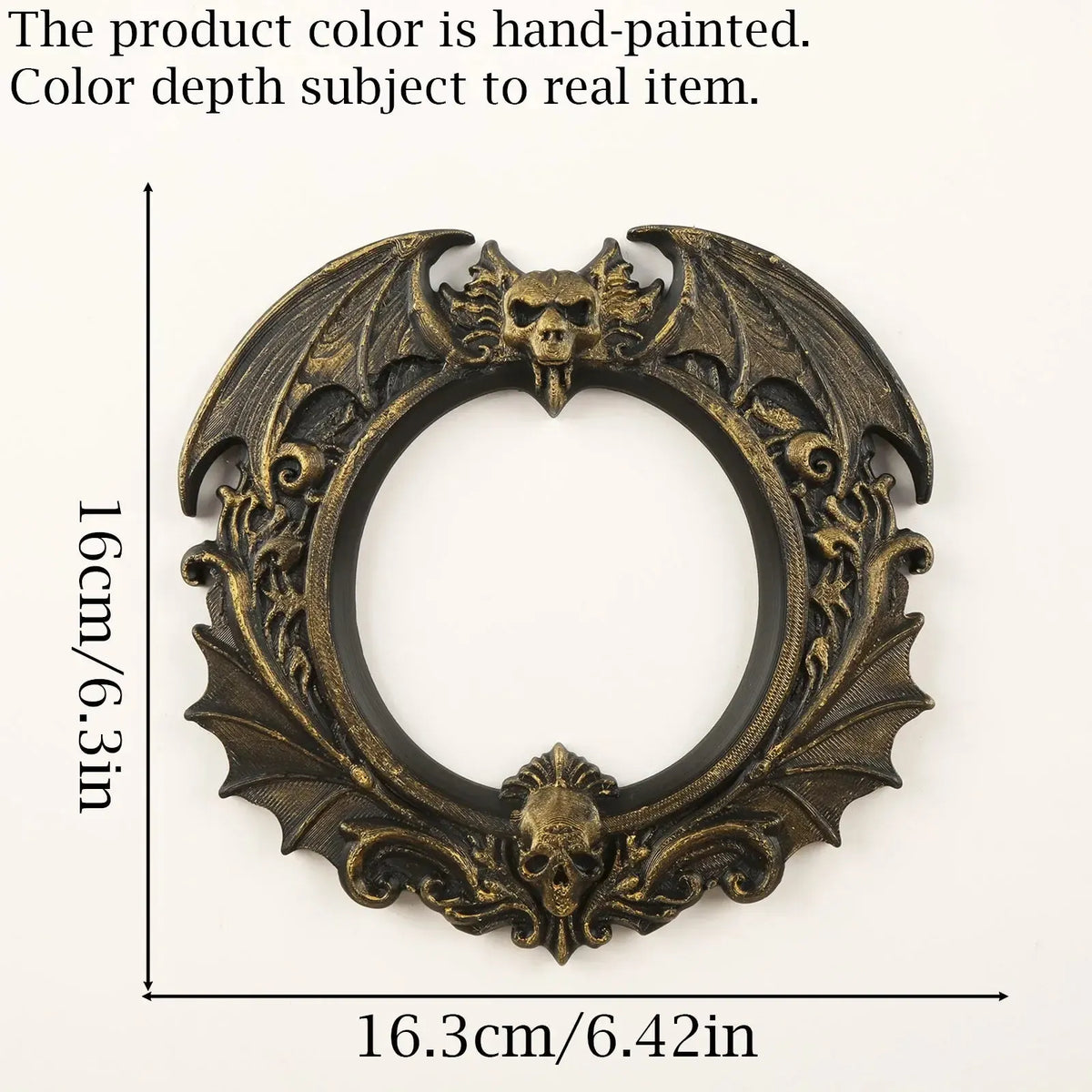 Gold-accented bat skull wall frame dimension and finish information