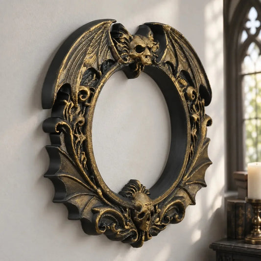 Gothic bat skull wall frame angled view with gold-toned accents