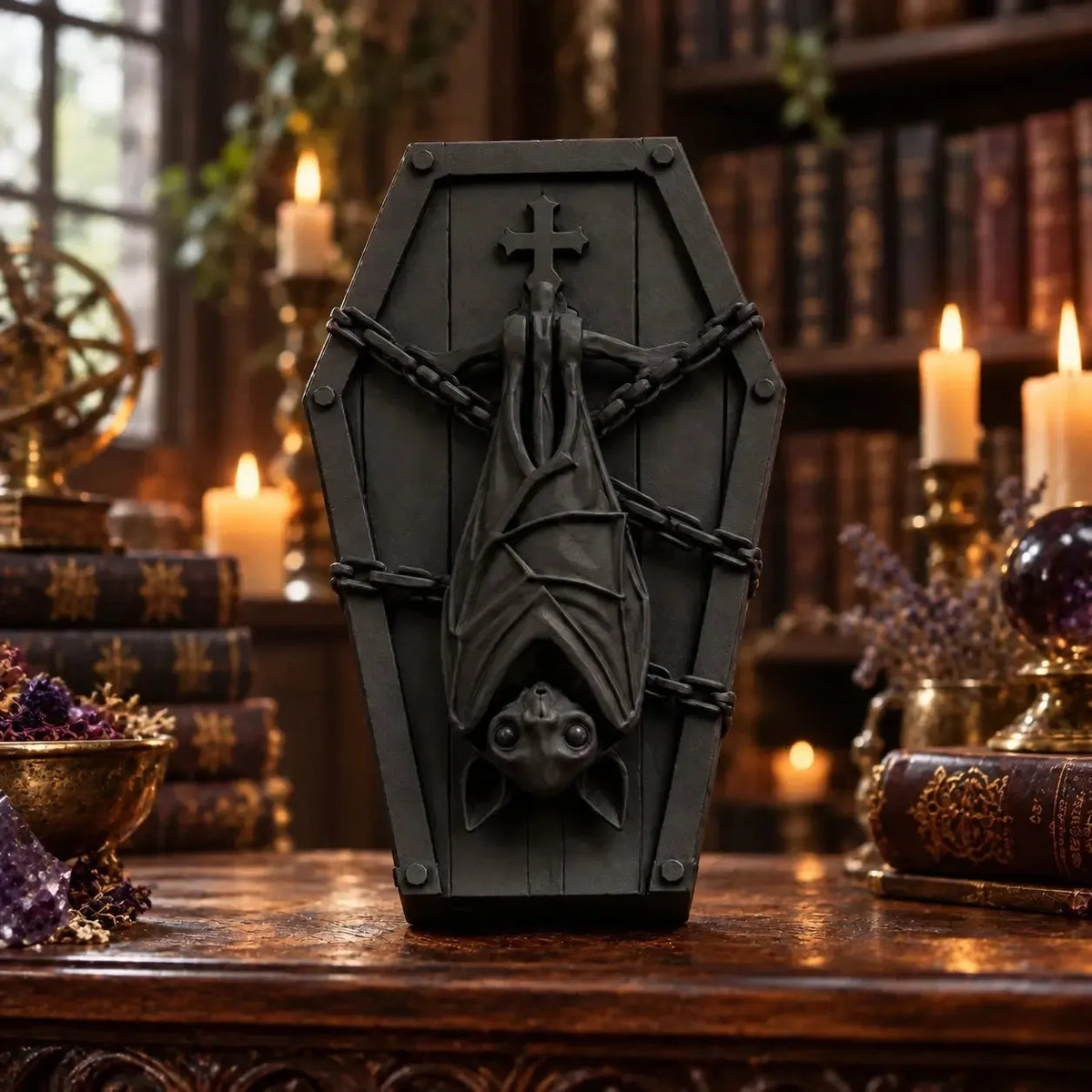 Black coffin bat plaque in a daylight witchy altar room