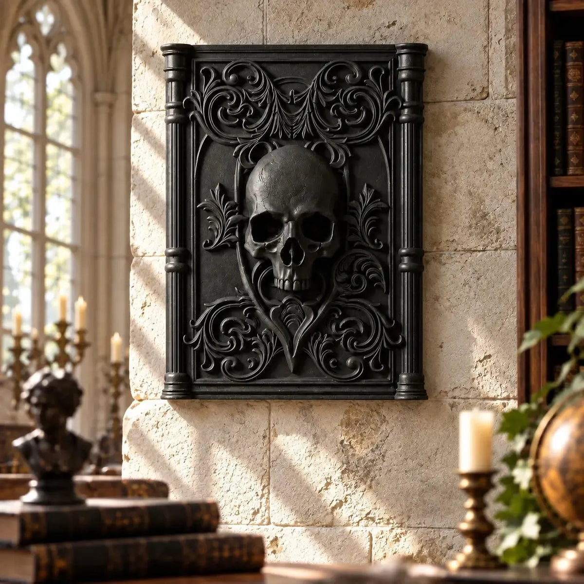 Ornate rectangular skull plaque in a gothic living room in a gothic room