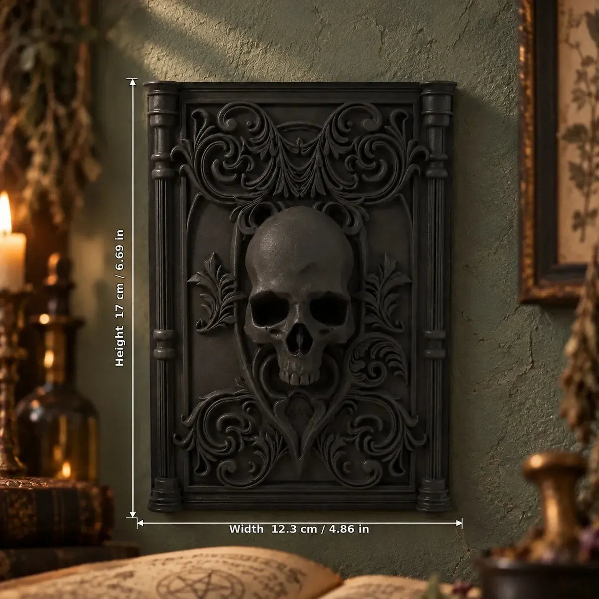 Rectangular skull plaque dimension diagram, 17 by 12.3 cm in a gothic room