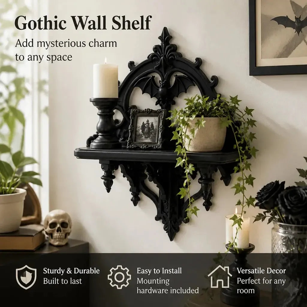 Styled shelf with small decorative objects: Gothic Bat Wall Shelf, featuring pointed Gothic arches, ornamental scrolls and bat-inspired details.