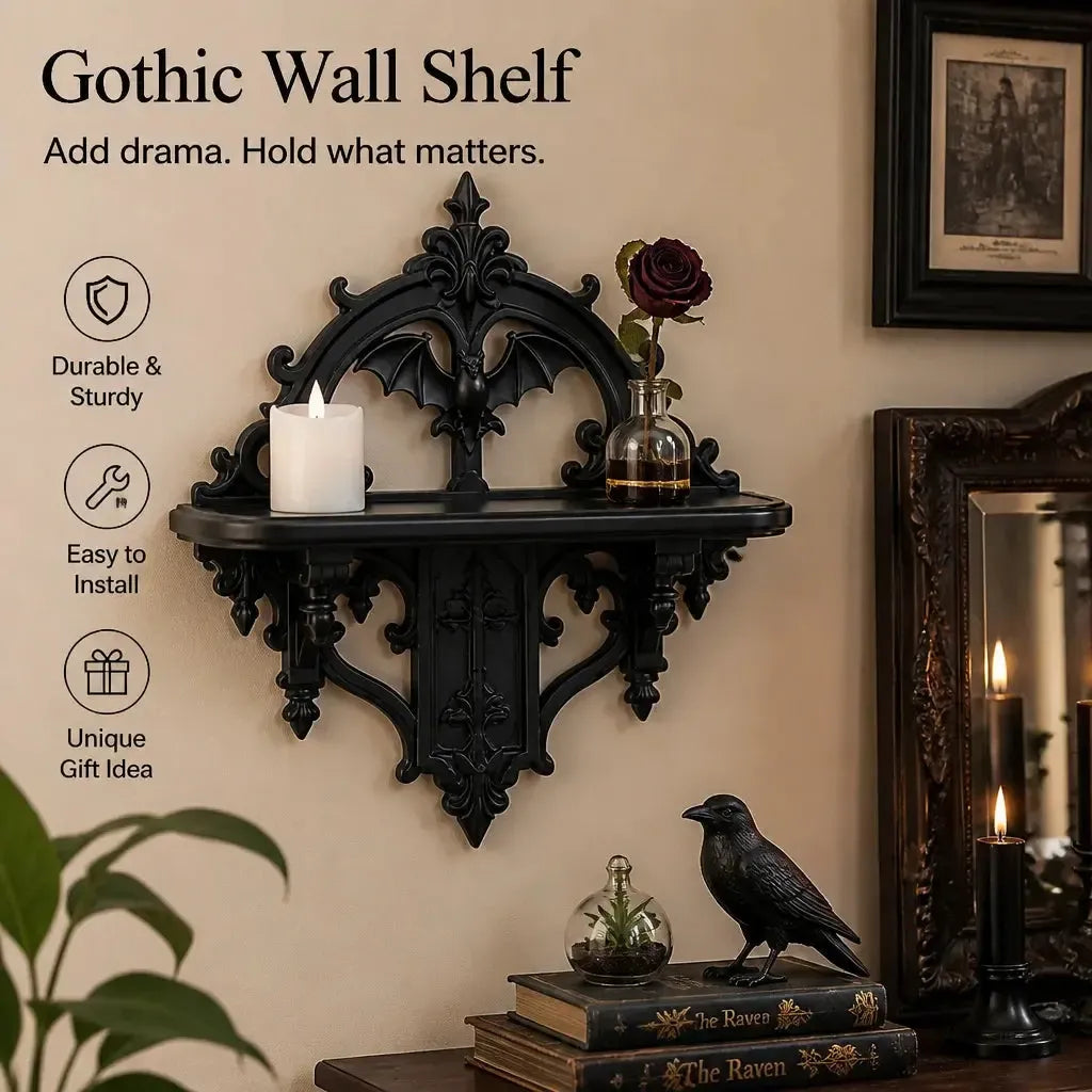 Wall shelf display and feature graphic: Gothic Bat Wall Shelf, featuring pointed Gothic arches, ornamental scrolls and bat-inspired details.