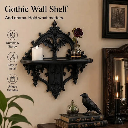 Wall shelf display and feature graphic: Gothic Bat Wall Shelf, featuring pointed Gothic arches, ornamental scrolls and bat-inspired details.