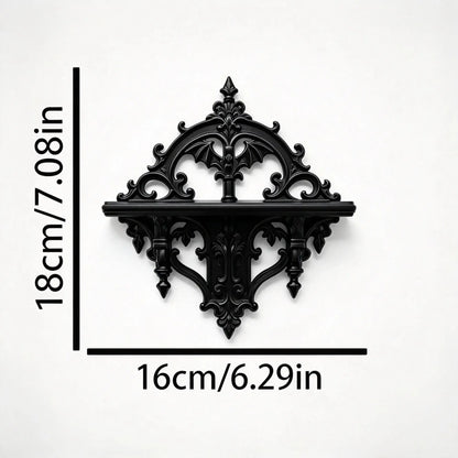 Shelf measurement diagram: Gothic Bat Wall Shelf, featuring pointed Gothic arches, ornamental scrolls and bat-inspired details.