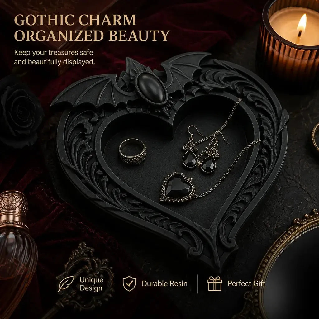 Jewelry tray styling and feature graphic: Gothic Bat Wing Heart Jewelry Tray, featuring a heart-shaped center, outstretched bat wings and ornate raised scrollwork.