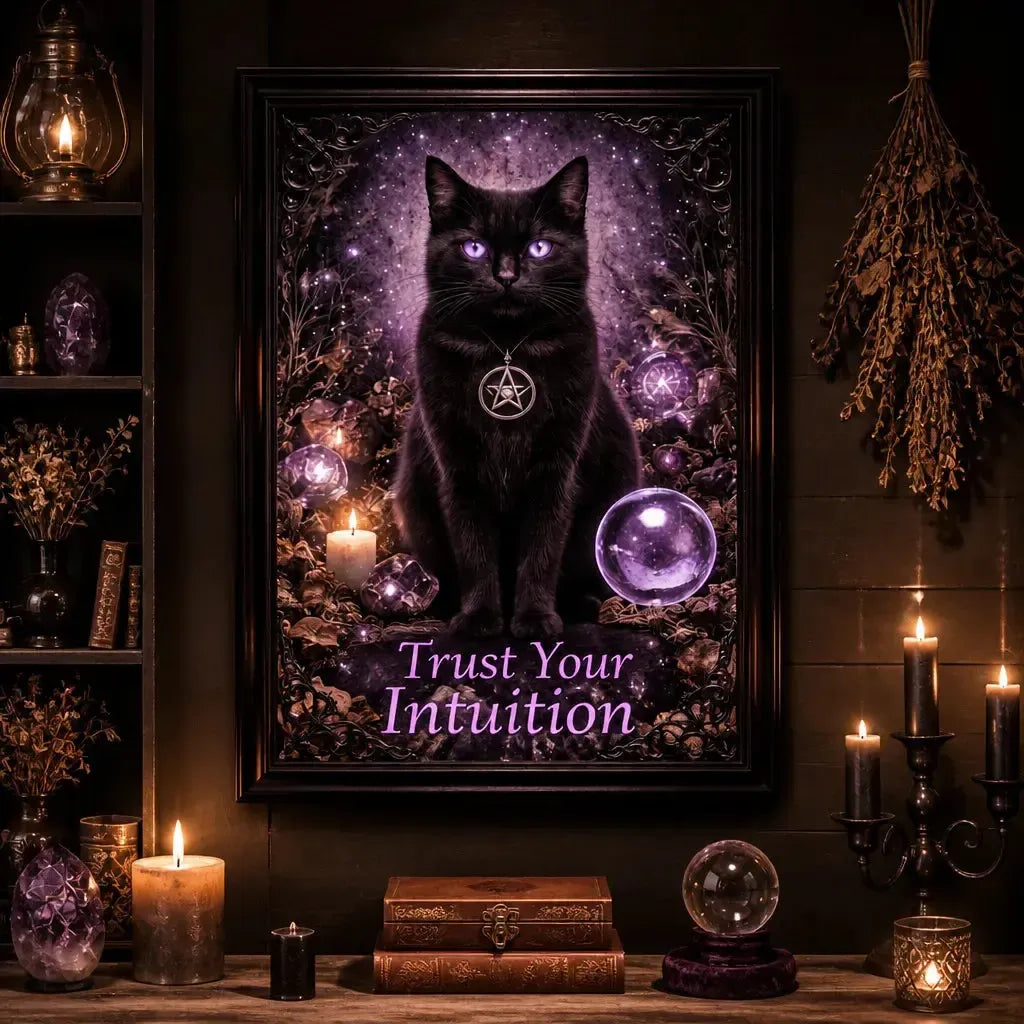 Gothic Black Cat Canvas Wall Art - Black Framed Print for Witch Home & Wicca Altar Decor_mockup_2.webp