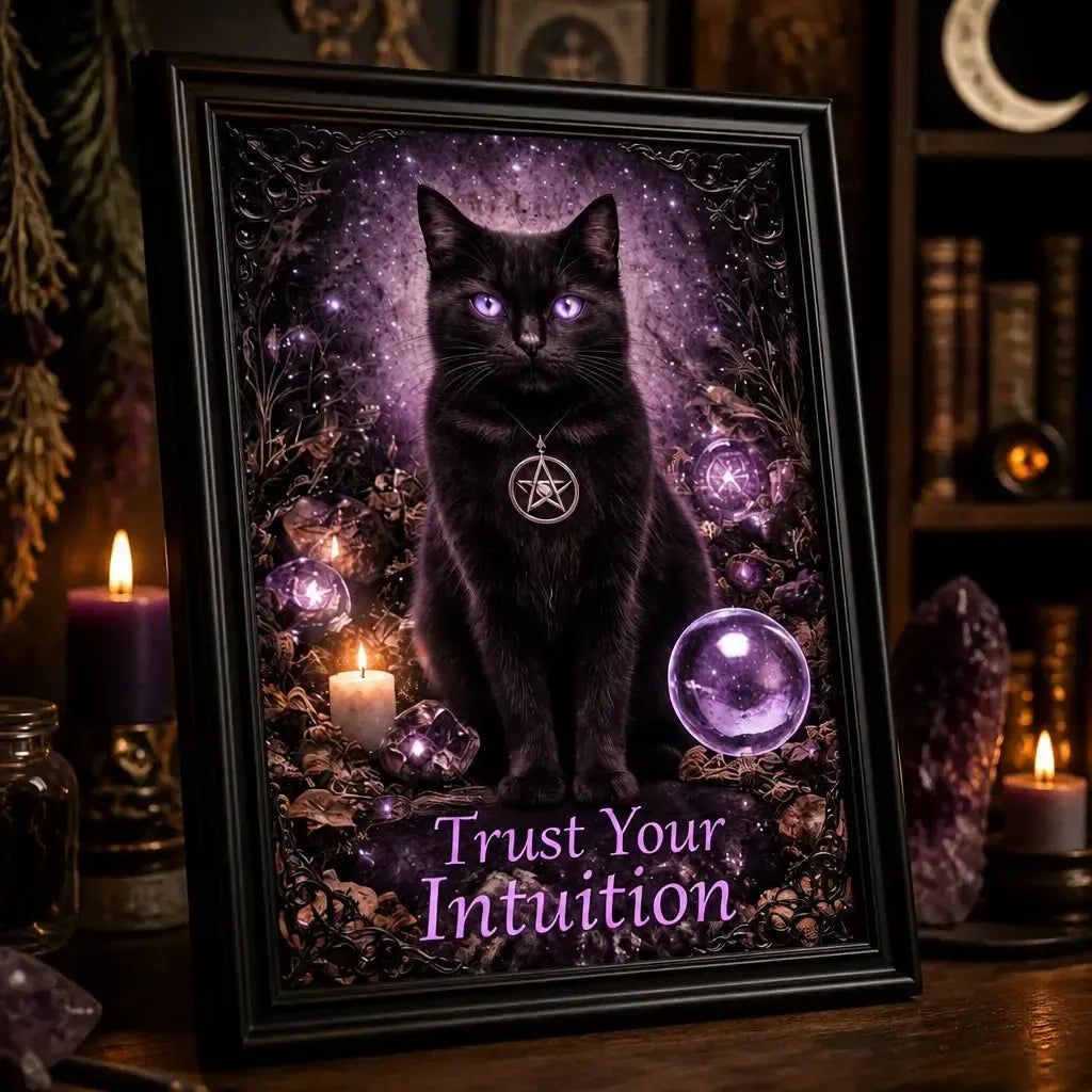 Gothic Black Cat Canvas Wall Art - Black Framed Print for Witch Home & Wicca Altar Decor_mockup_3.webp