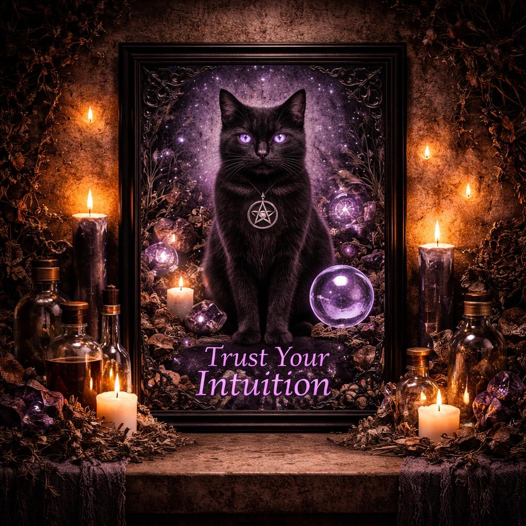 Gothic Black Cat Canvas Wall Art - Black Framed Print for Witch Home & Wicca Altar Decor-MoonChildWorld
