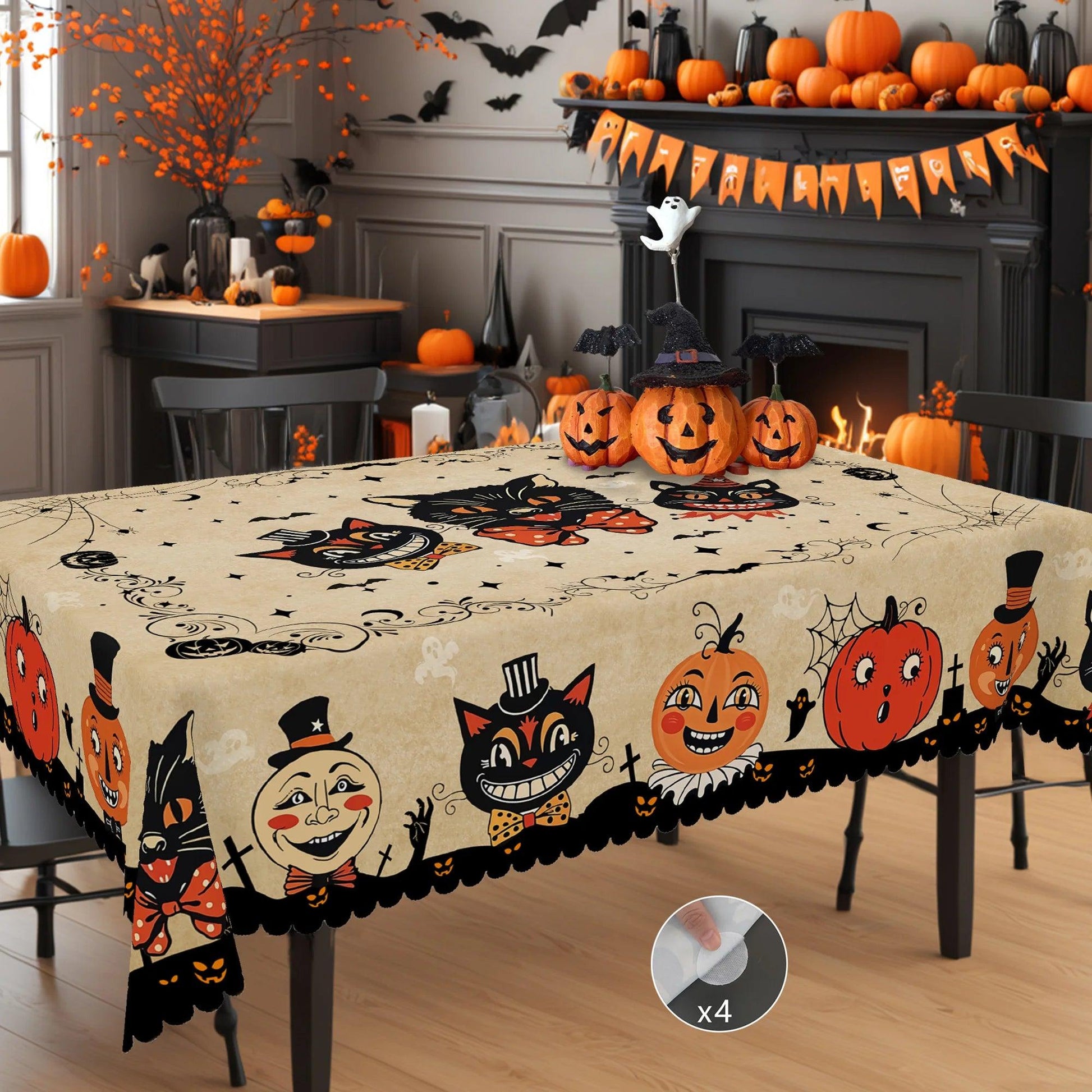 Gothic Black Cat Halloween Tablecloth - Spooky Witch Table Decoration Tablecloth-MoonChildWorld