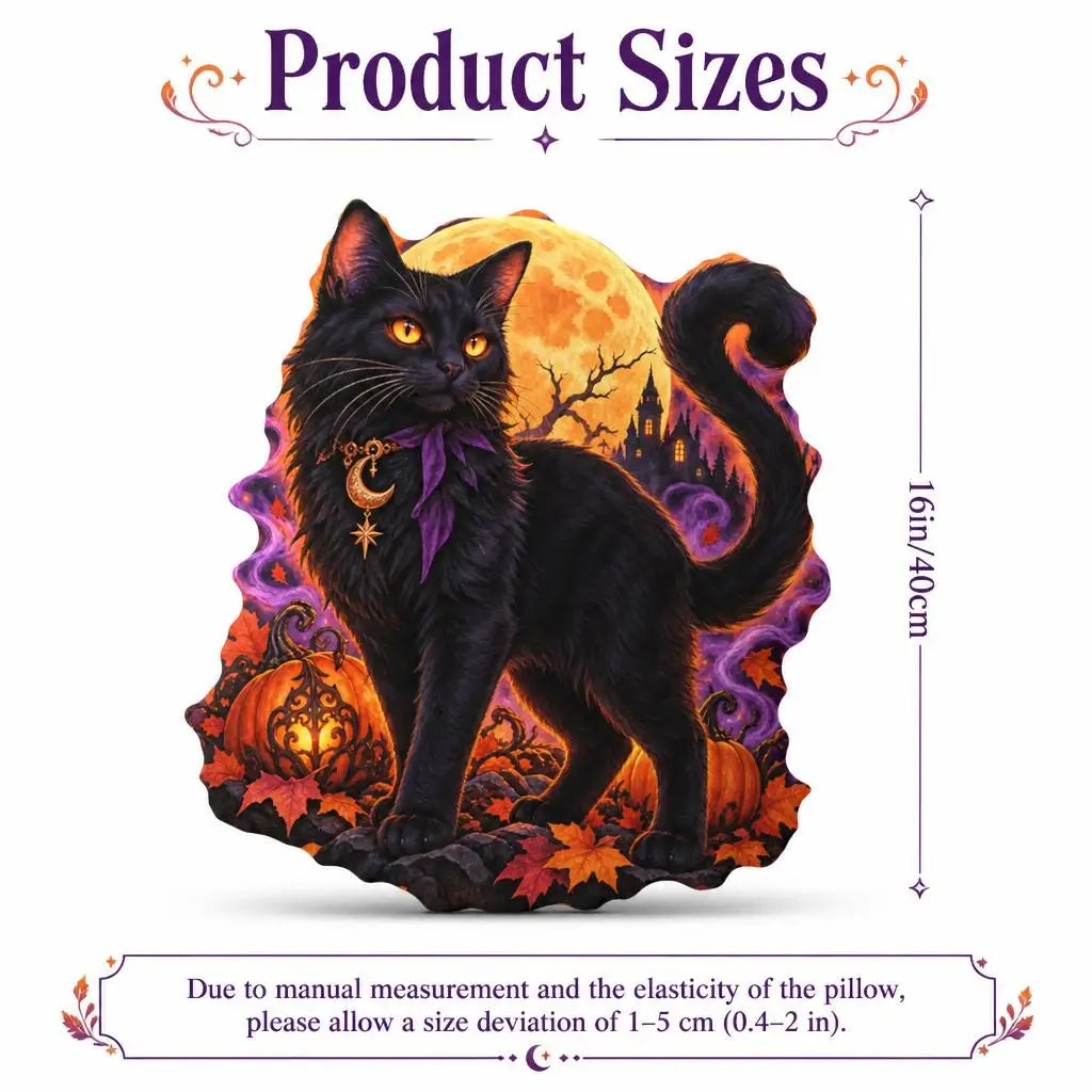 Size guide showing 16 inch / 40 cm: decorative plush pillow featuring gothic cat, moon and pumpkin imagery