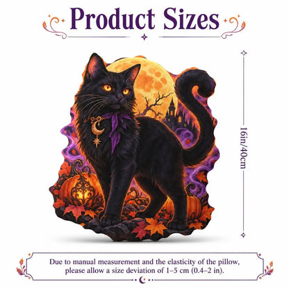 Size guide showing 16 inch / 40 cm: decorative plush pillow featuring gothic cat, moon and pumpkin imagery