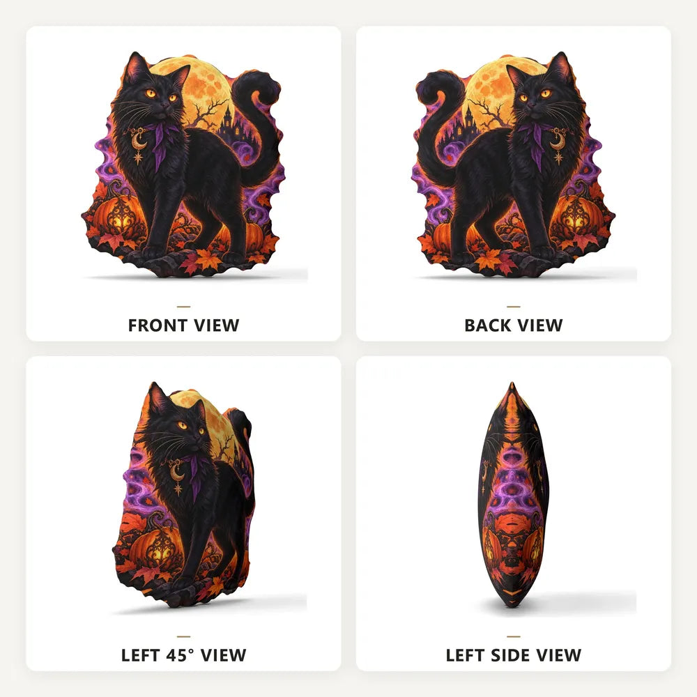 Front, back and side views: decorative plush pillow featuring gothic cat, moon and pumpkin imagery
