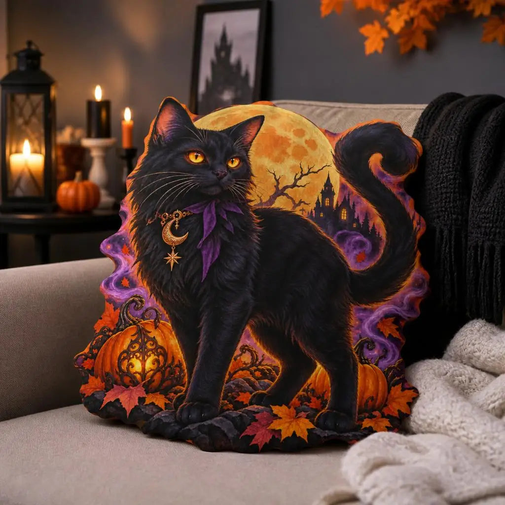Styled room view: decorative plush pillow featuring gothic cat, moon and pumpkin imagery