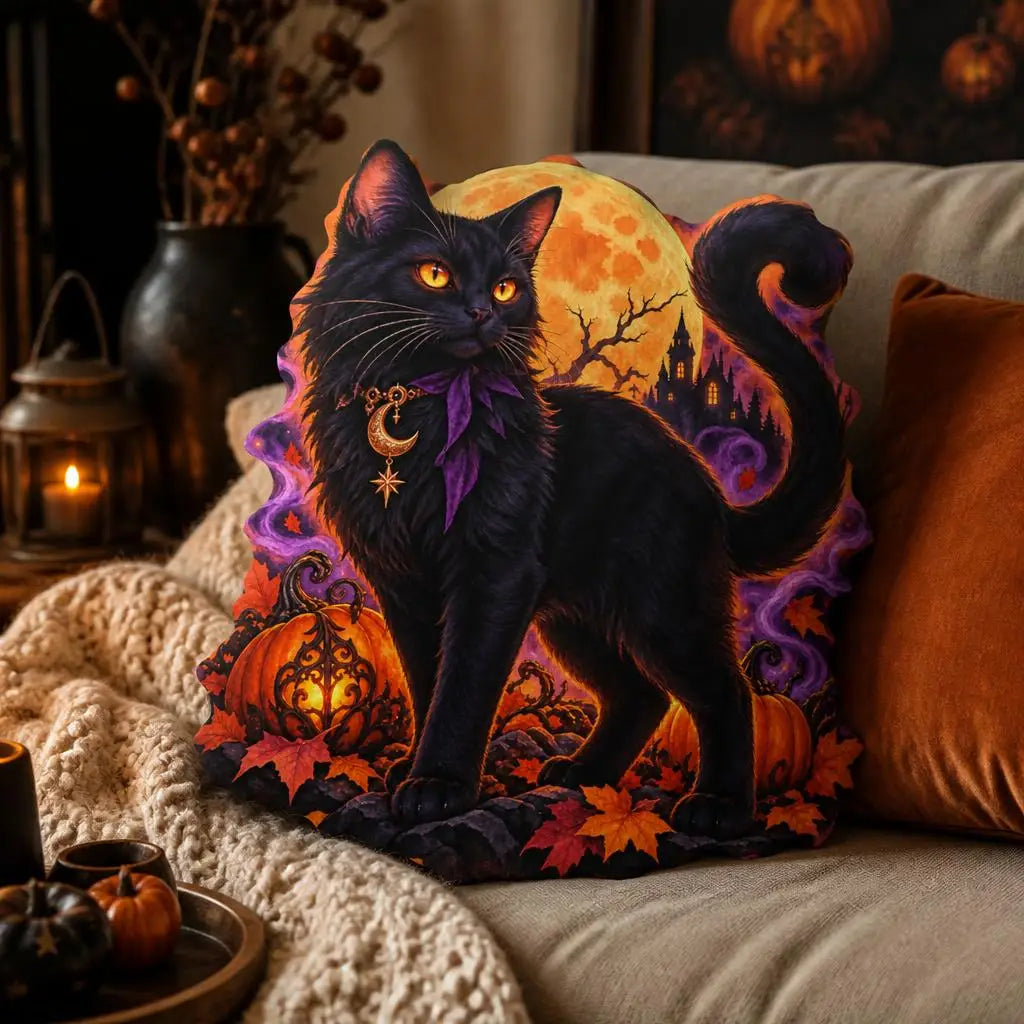 Alternate styled room view: decorative plush pillow featuring gothic cat, moon and pumpkin imagery