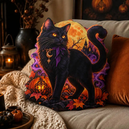 Alternate styled room view: decorative plush pillow featuring gothic cat, moon and pumpkin imagery