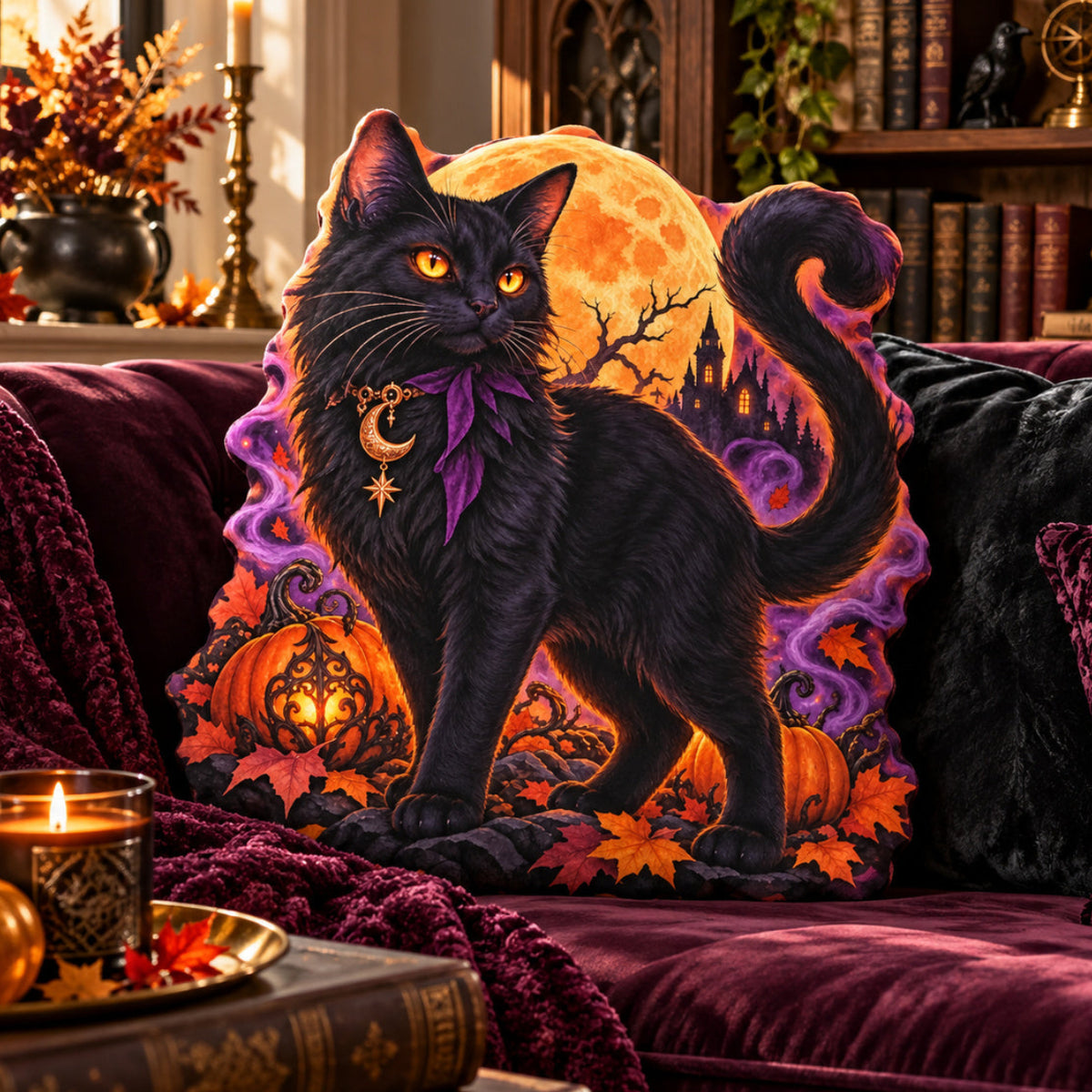 Gothic Black Cat Moon Plush Pillow in a witchy room
