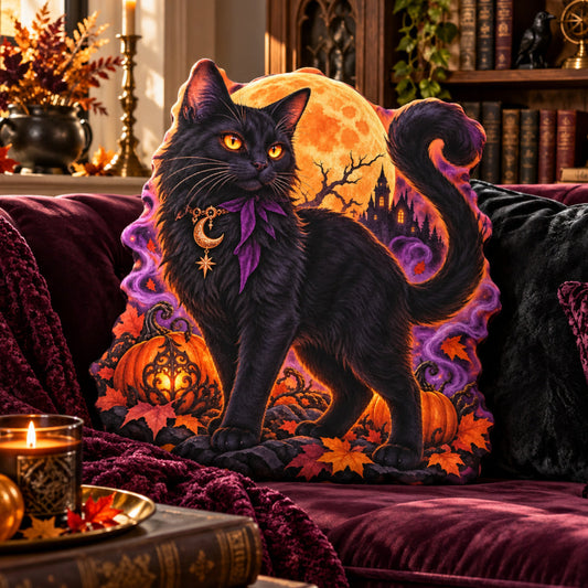 Gothic Black Cat Moon Plush Pillow in a witchy room